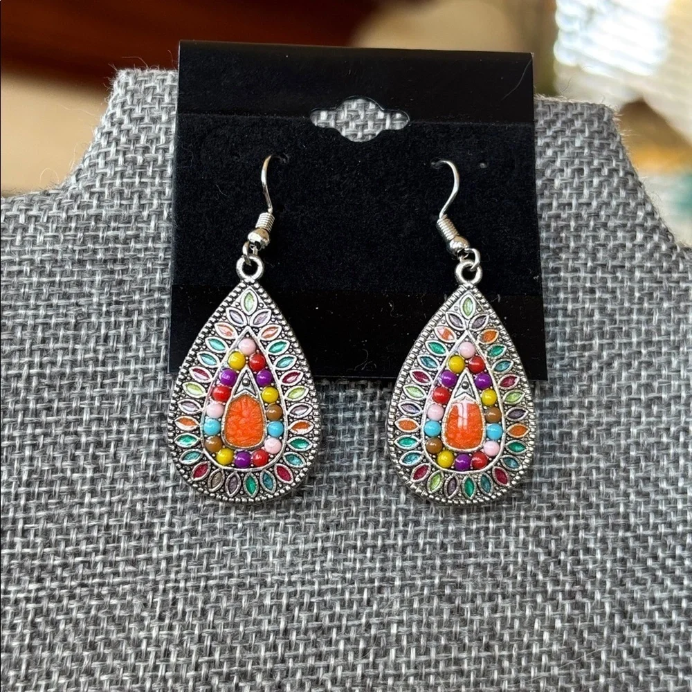 Vintage Seed Beaded Multi-Strand Long Wood Bead Colorful & Teardrop Earrings